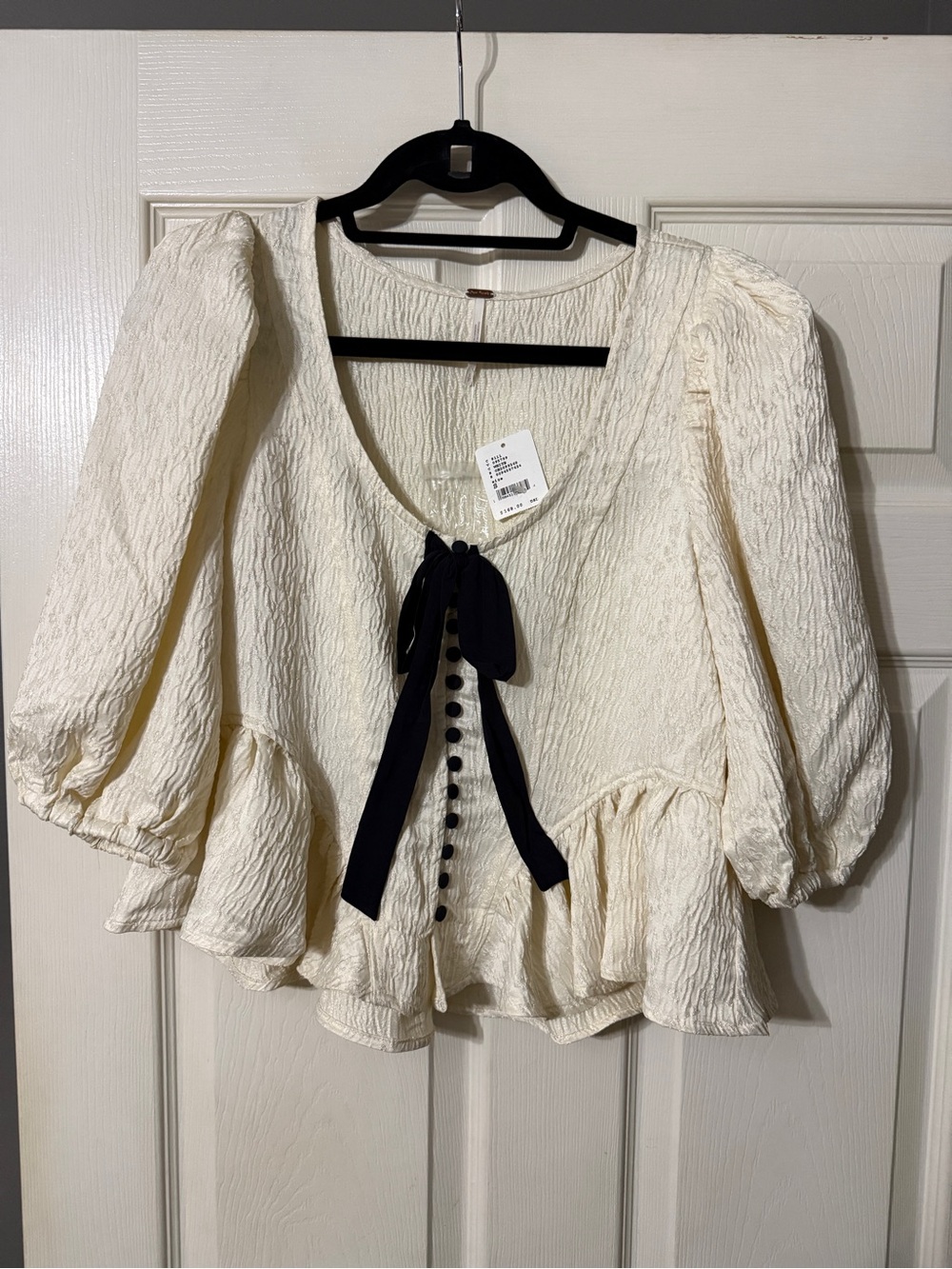 Free People Cream Textured Peplum Blouse with Black Bow - Picture 1 of 4